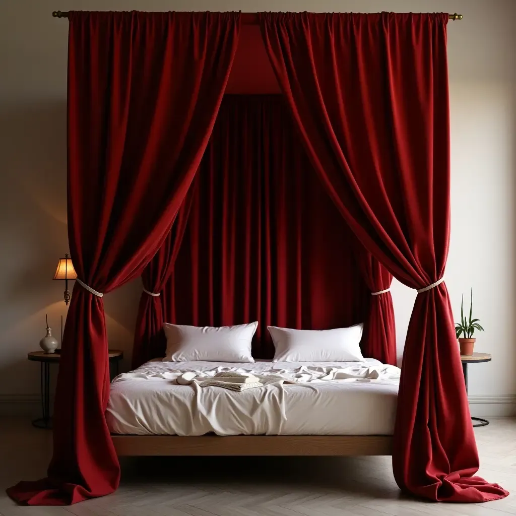 a photo of a canopy bed draped in deep, rich fabrics