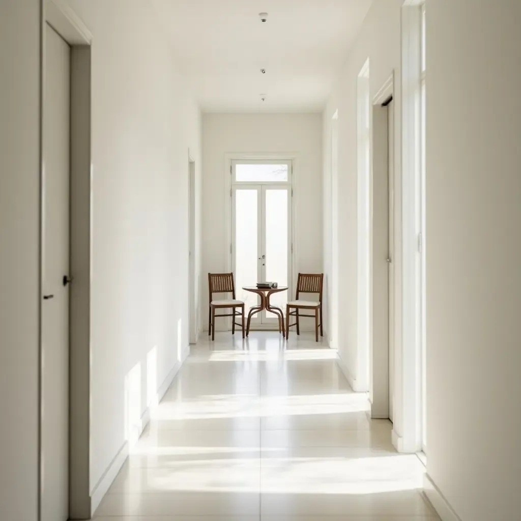 a photo of a bright corridor featuring a small coffee table and chairs