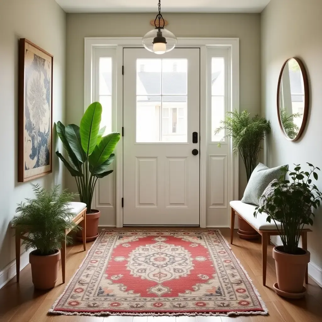 a photo of a bright entryway with a vintage rug and potted plants