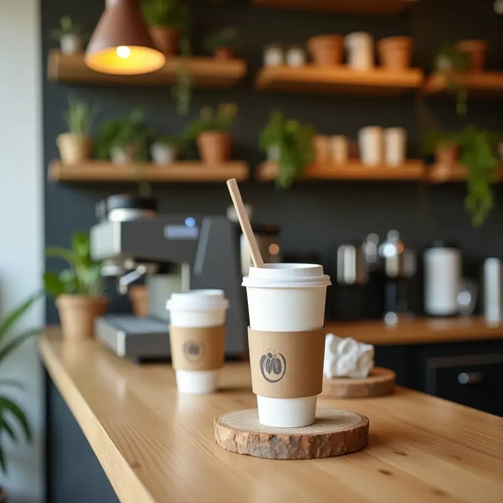 a photo of an eco-friendly coffee station with sustainable materials and reusable cups