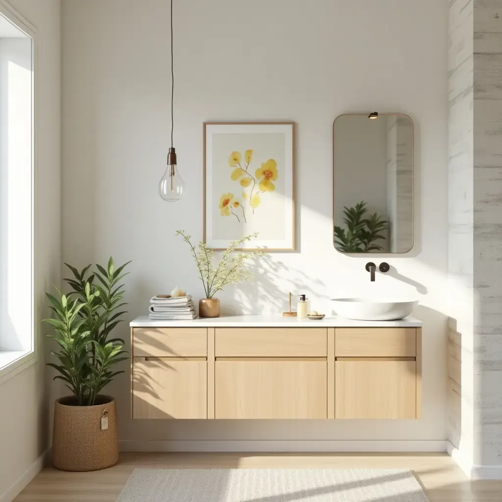 a photo of a bright vanity area with cheerful artwork and natural light