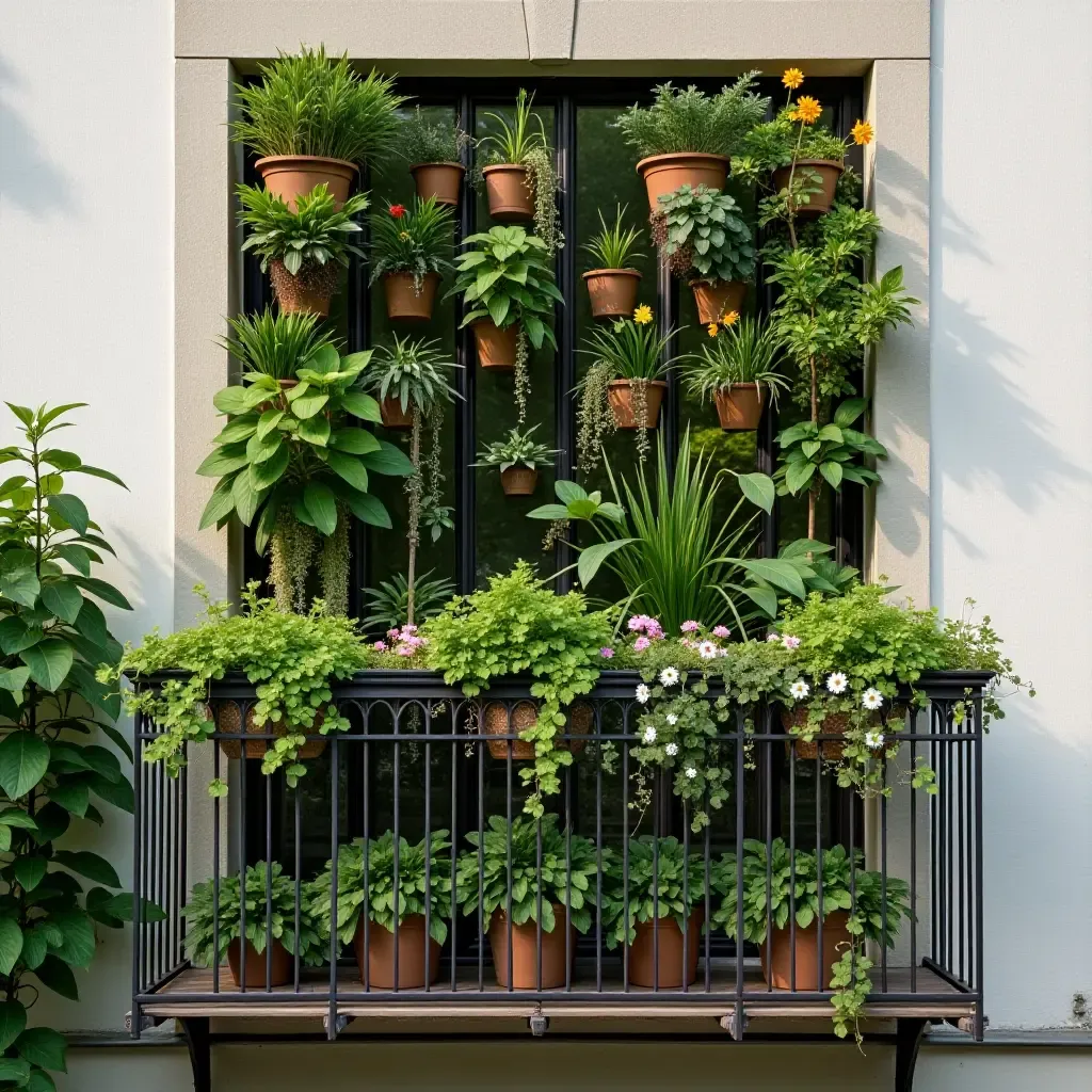 a photo of a balcony adorned with a hanging vertical garden