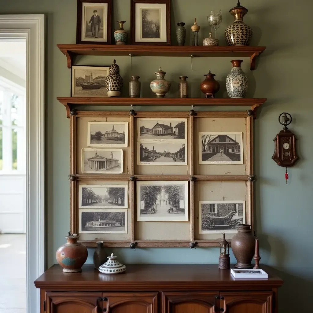 a photo of vintage postcards and trinkets displayed on a hallway shelf