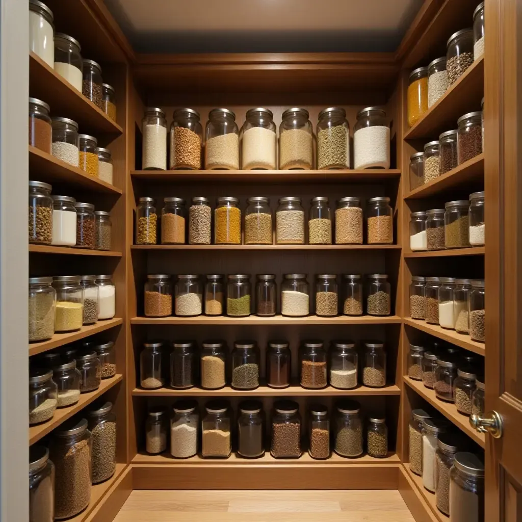 a photo of a basement pantry with neatly arranged jars on shelves