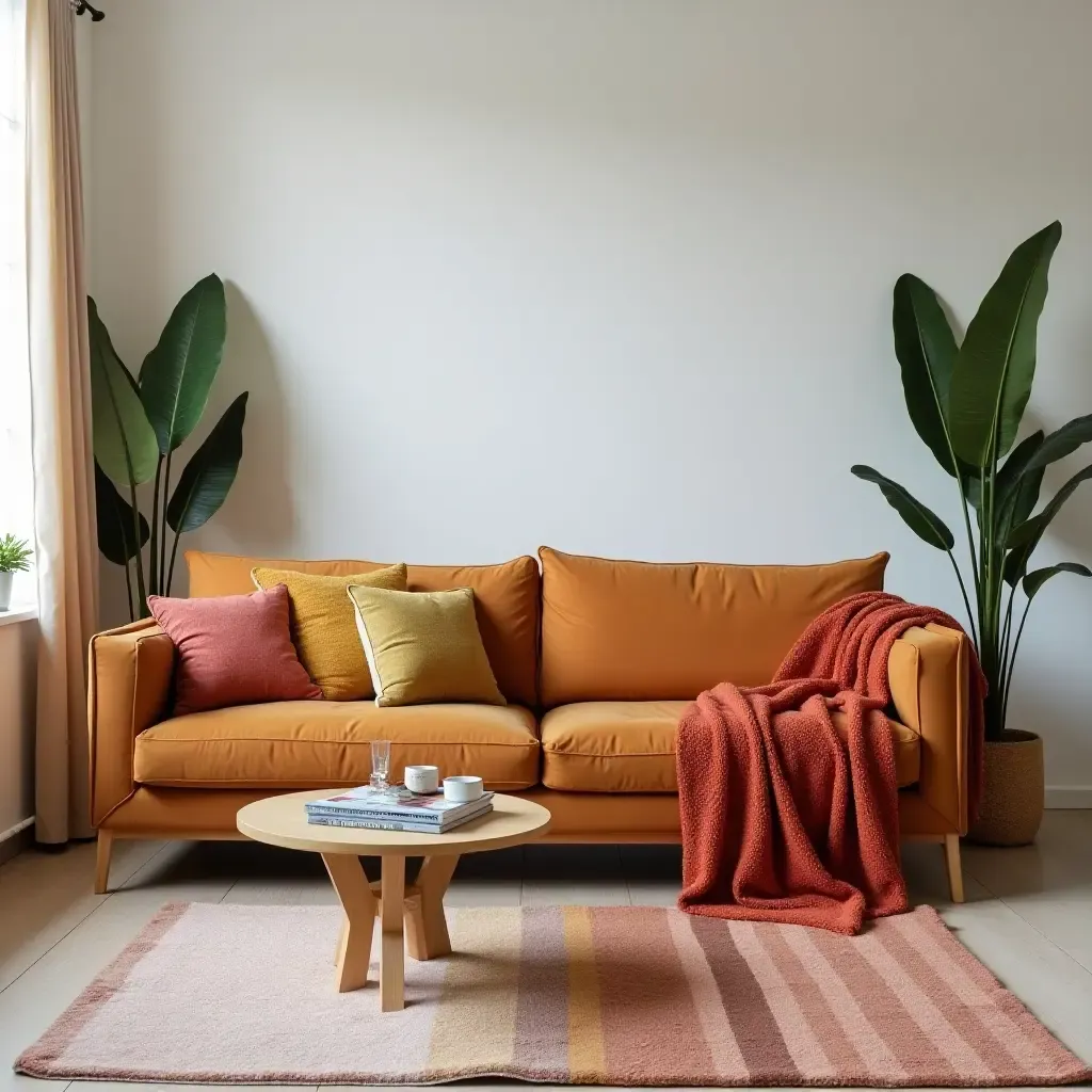 a photo of a modern living room with a cognac couch and colorful throw blankets