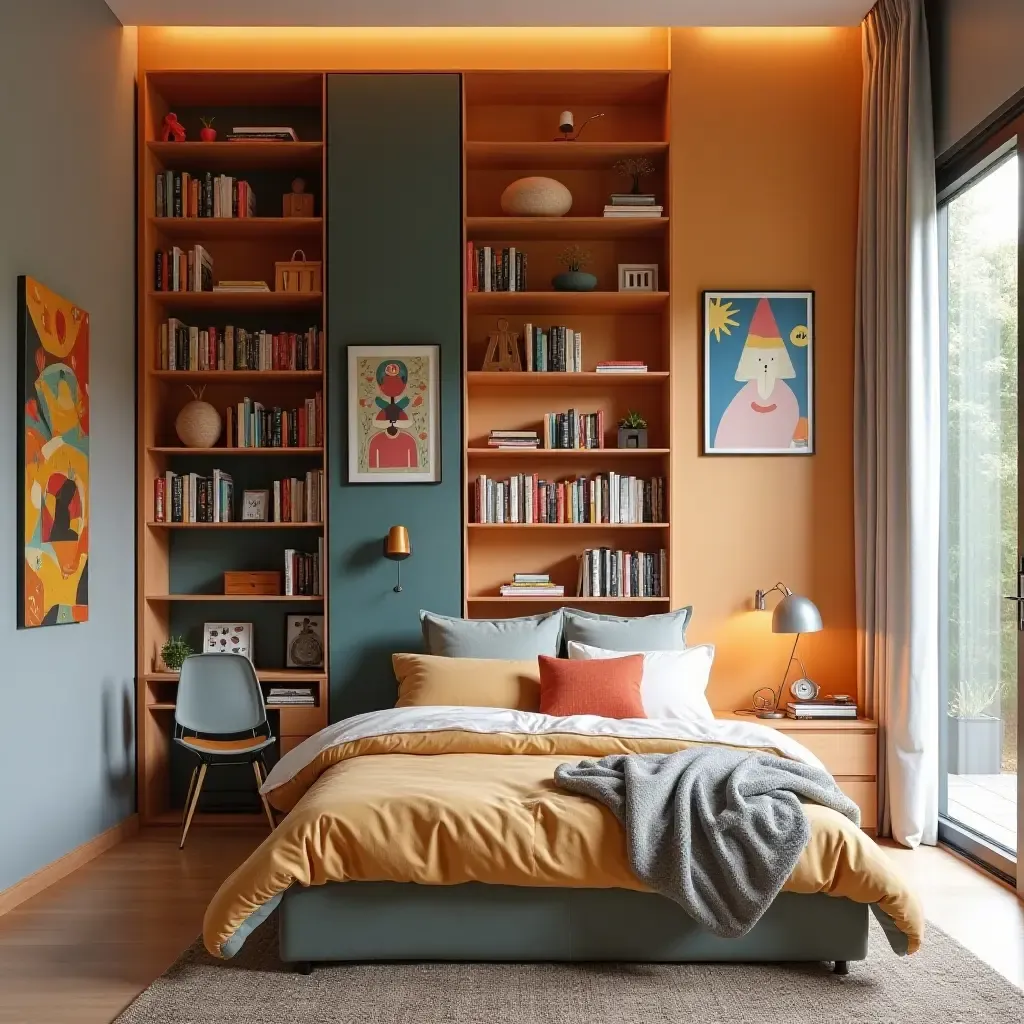 a photo of a colorful bedroom with organized bookshelves