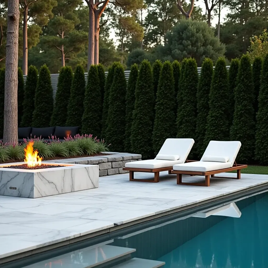 a photo of a contemporary marble poolside setup with sleek loungers and a fire pit