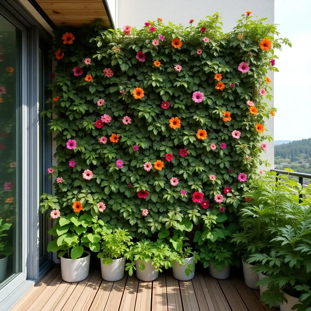 a photo of a vertical garden wall with colorful flowers on a balcony