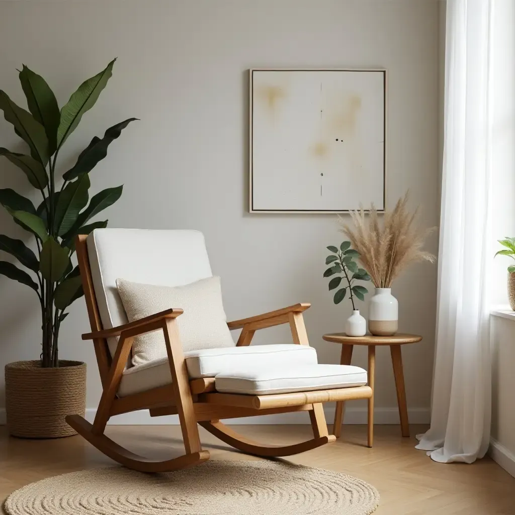 a photo of a contemporary space featuring a vintage rocking chair and modern accessories