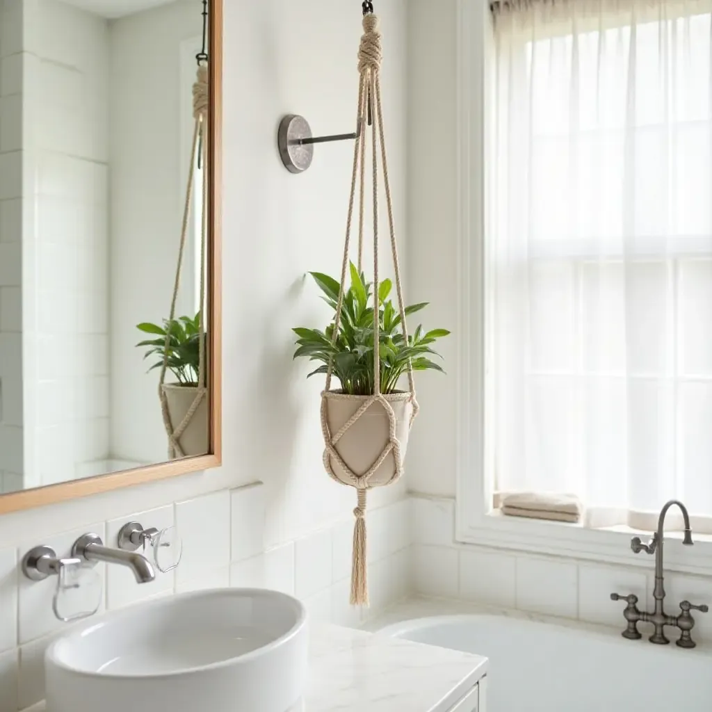 a photo of a charming bathroom with a hanging macrame planter