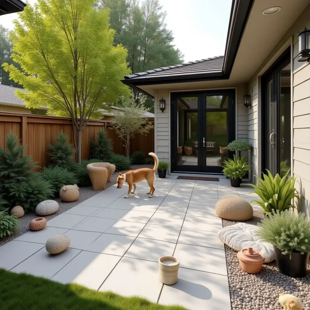 a photo of a pet-friendly concrete patio with playful decor and toys