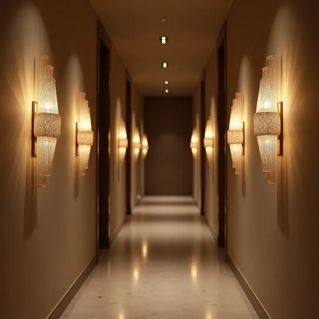 a photo of a corridor featuring artistic wall sconces