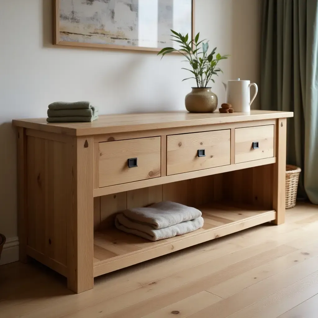 a photo of a wooden kitchen bench with storage underneath