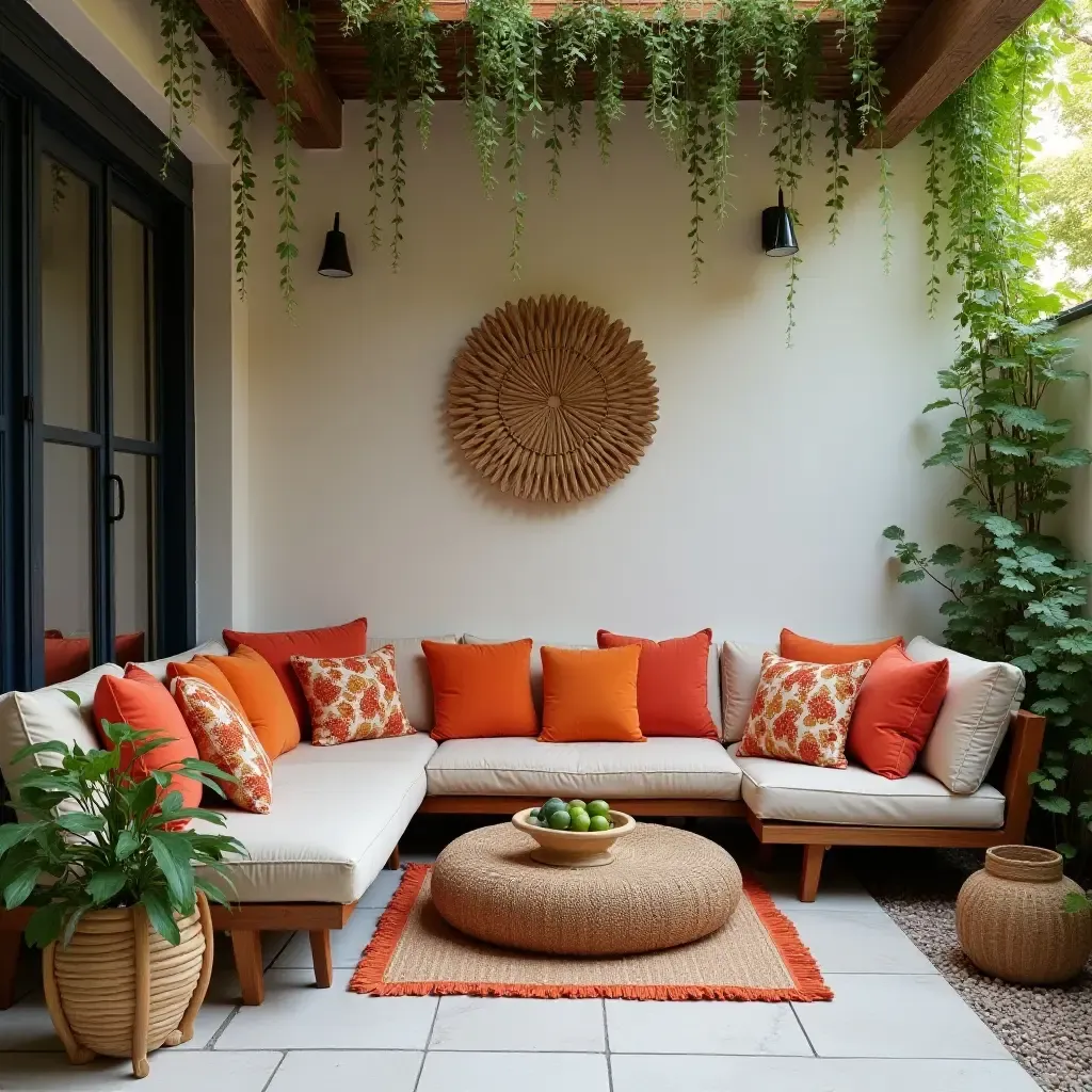 a photo of a cozy outdoor seating area with colorful cushions