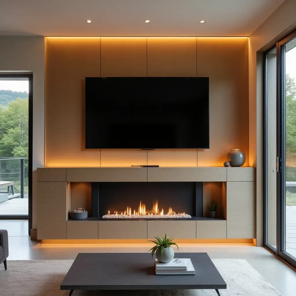 a photo of a contemporary home where a TV blends seamlessly into a wood-paneled fireplace mantel