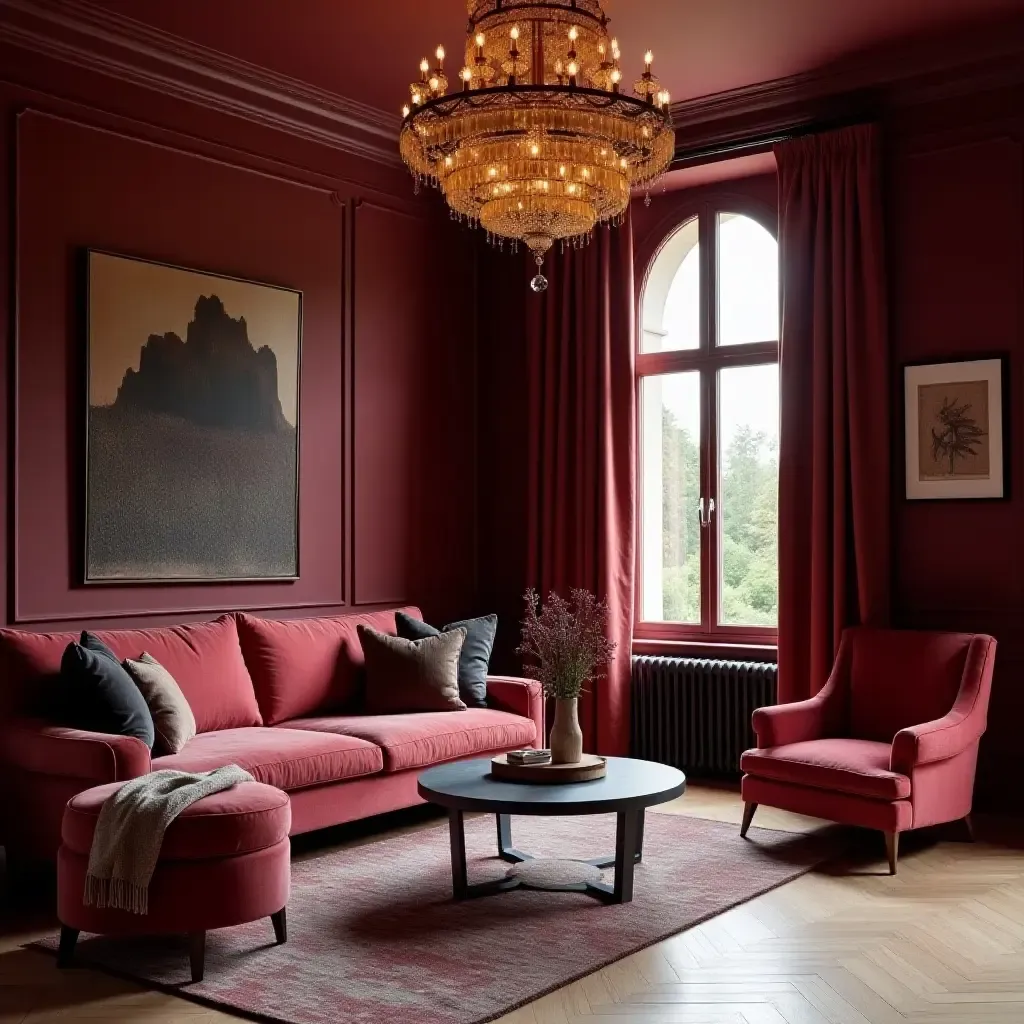 a photo of a maroon living room featuring a statement chandelier and elegant drapery