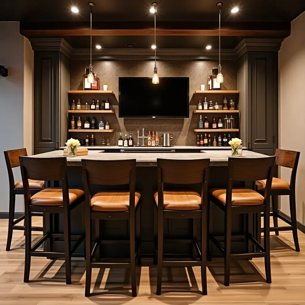 a photo of a basement bar with metal accents and rustic stools