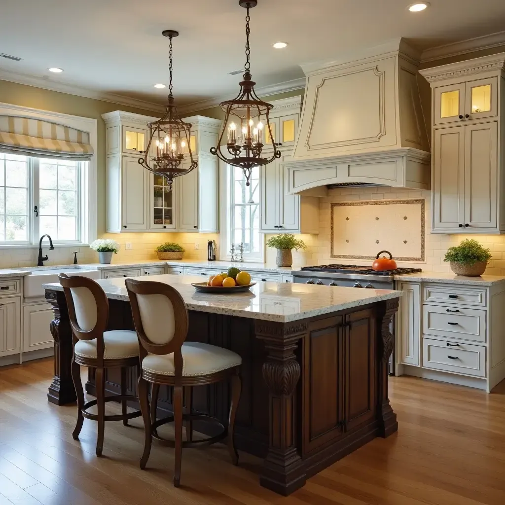 a photo of a traditional kitchen island with ornate details and comfortable chairs