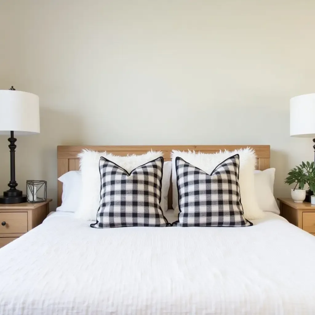 a photo of a farmhouse bedroom with plaid throw pillows