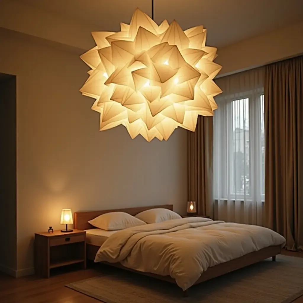 a photo of a bedroom with a unique, artistic light fixture made of paper