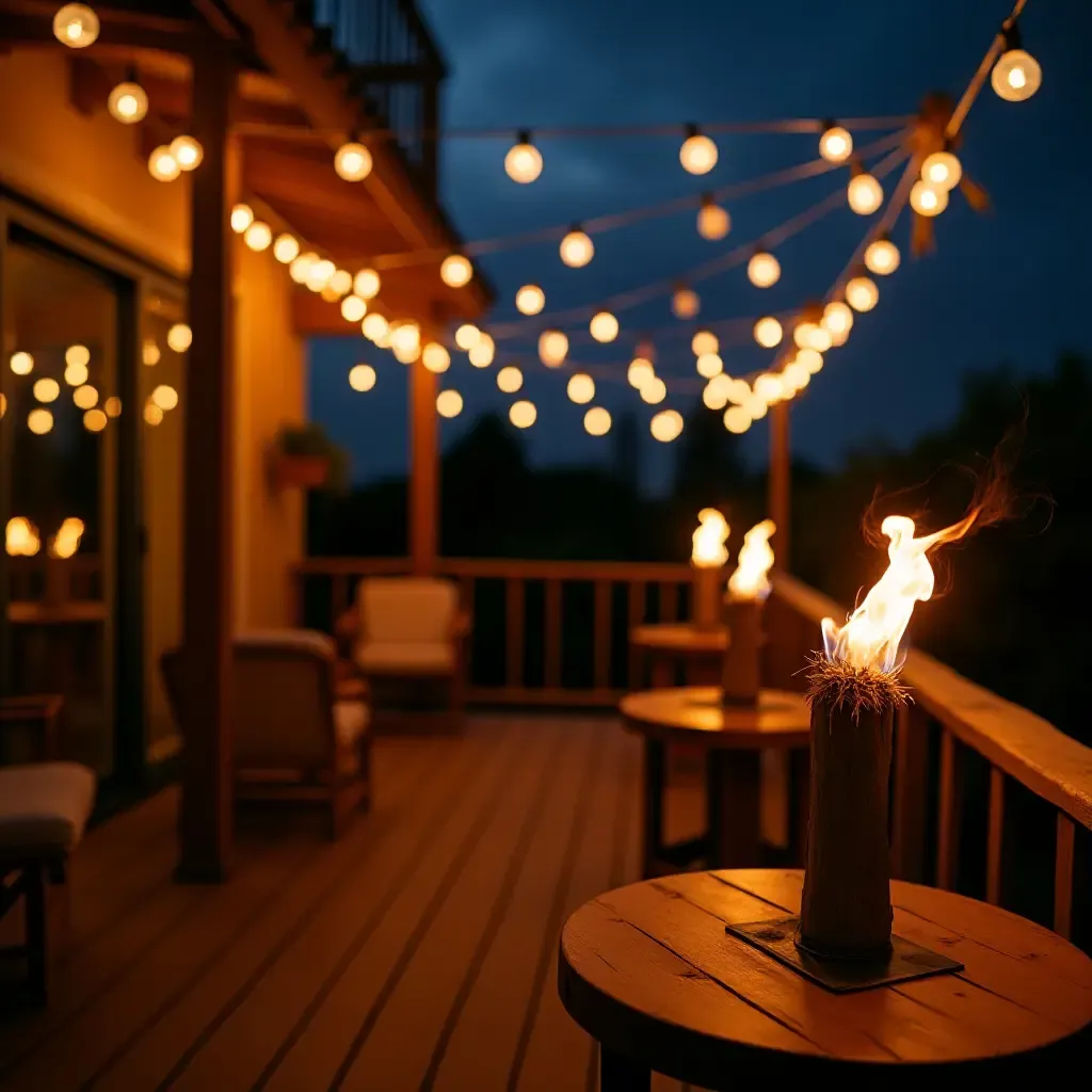 a photo of a tropical-themed balcony with tiki torches and string lights