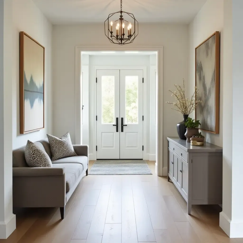 a photo of a chic entrance hall with geometric throw pillows on a sofa