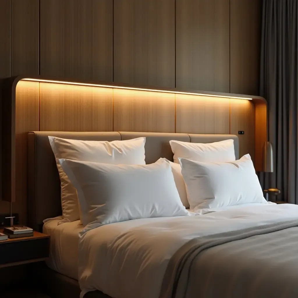 a photo of a stylish headboard with integrated lighting above a bed