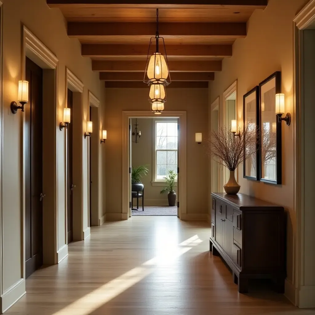 a photo of a cozy entrance hall adorned with warm pendant lighting