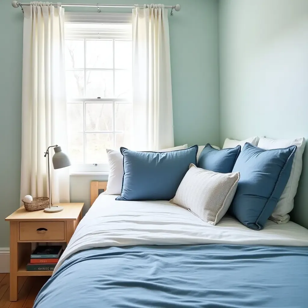 a photo of a nautical-themed teen bedroom with throw pillows in ocean colors