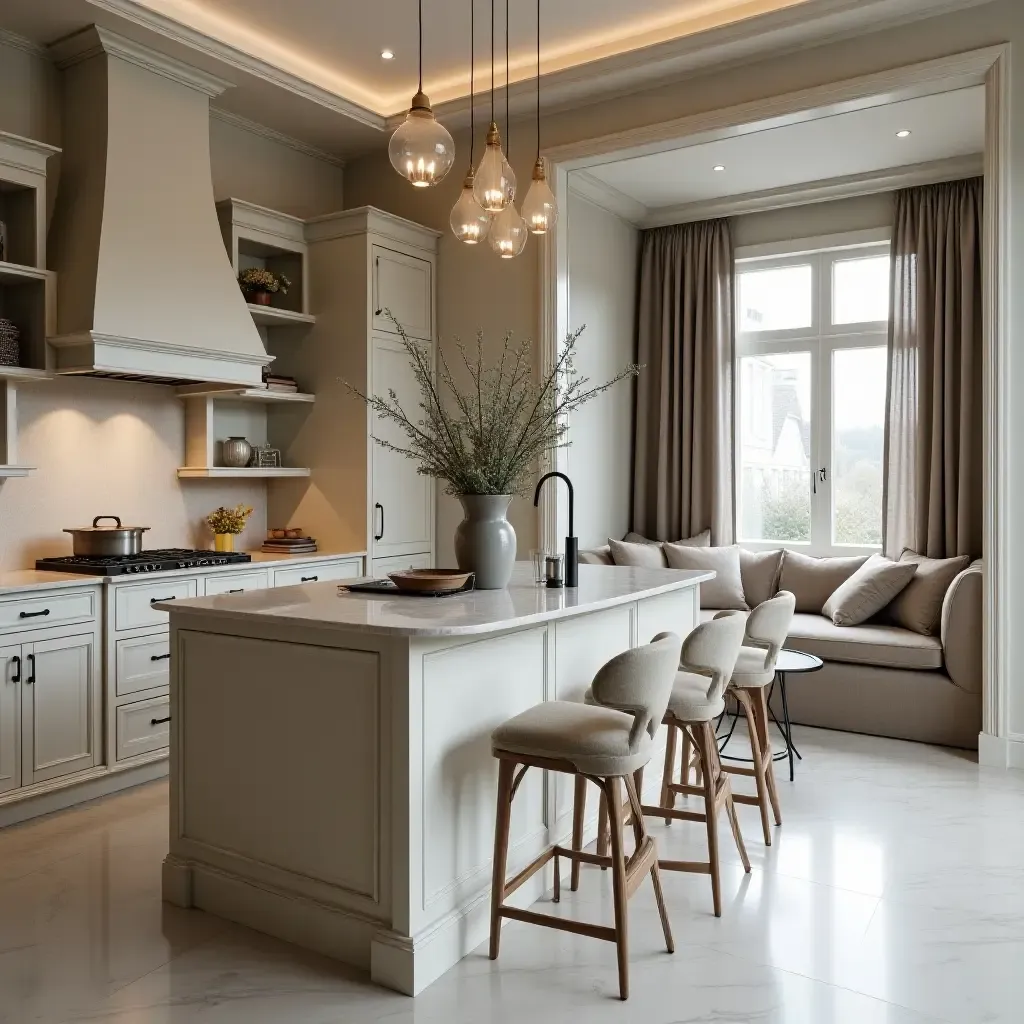 a photo of a kitchen with a luxurious breakfast nook and elegant decor