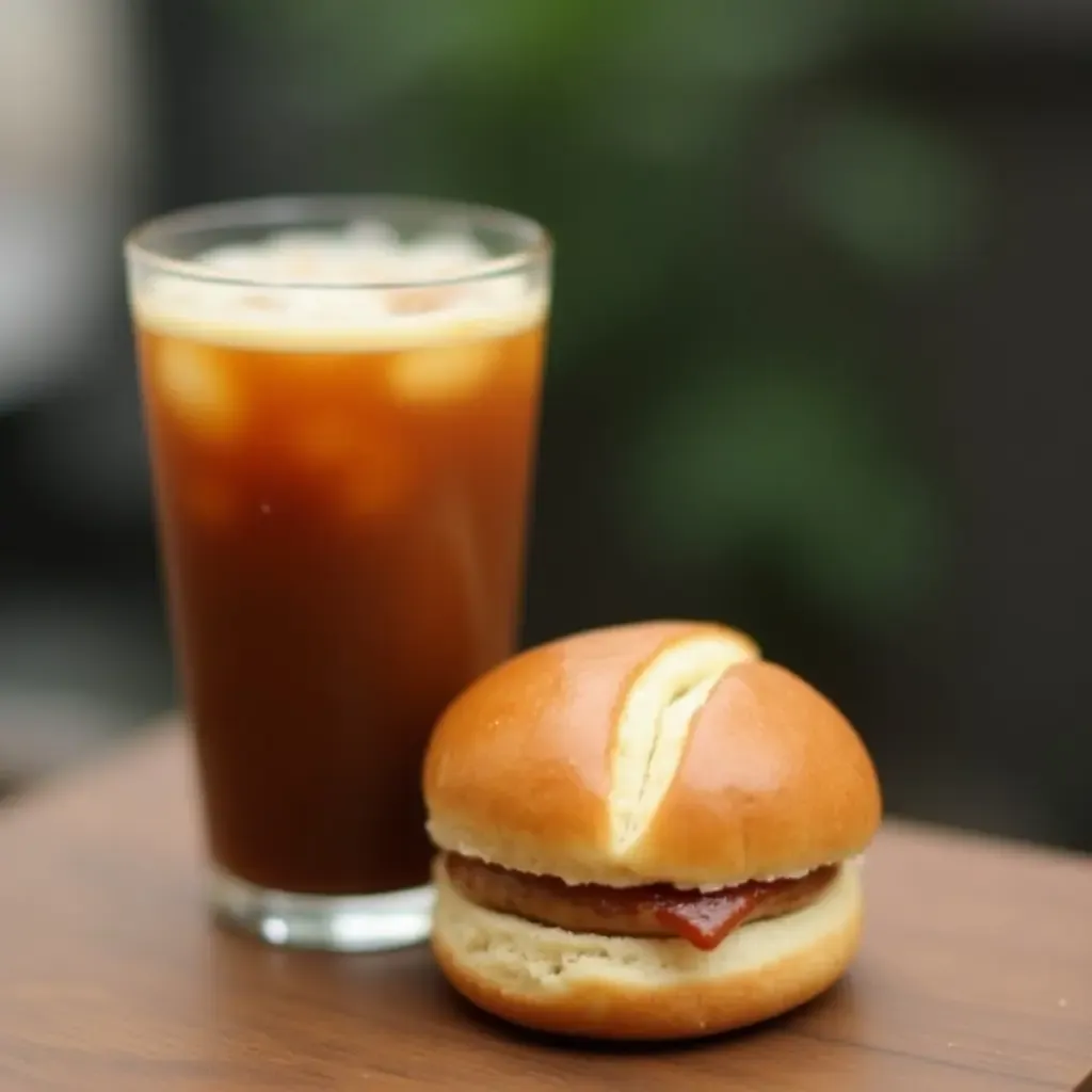 a photo of a refreshing glass of Vietnamese iced coffee paired with a warm banh bao.