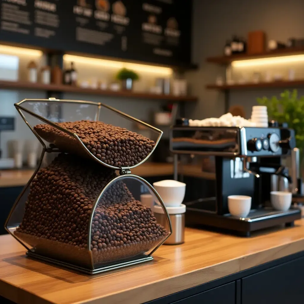 a photo of a coffee station with a unique coffee bean display