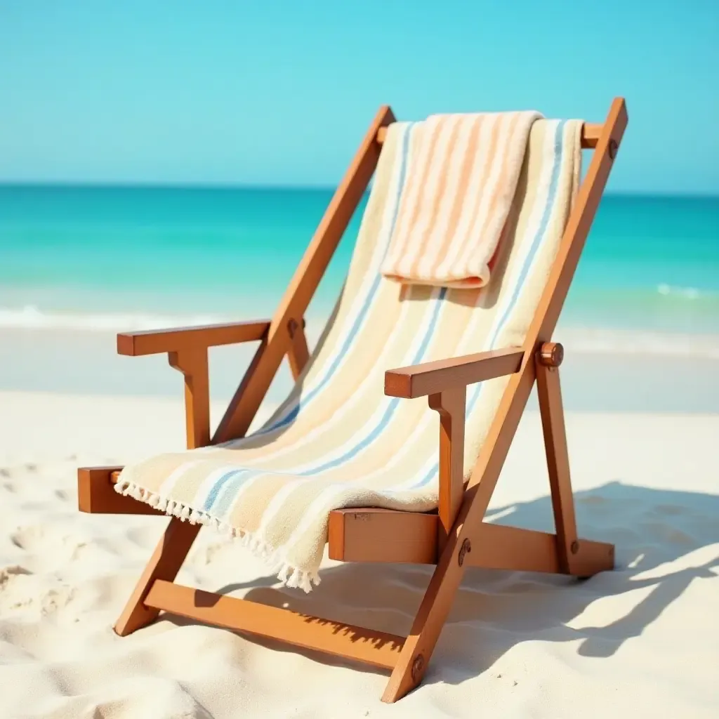 a photo of a classic wooden deck chair with a beach towel