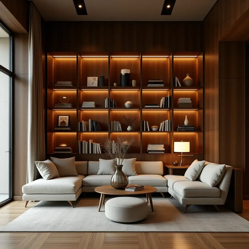 a photo of a home library with built-in shelving and warm lighting