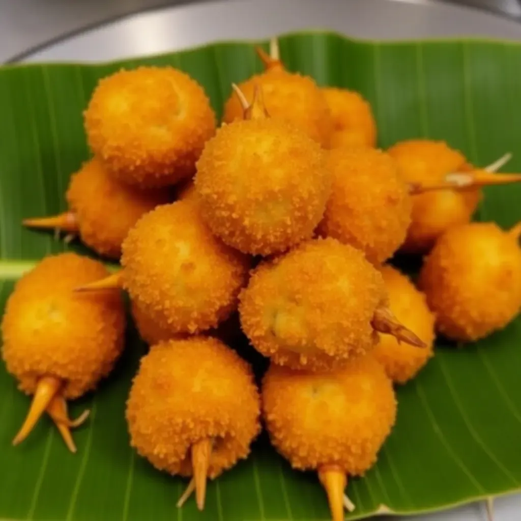 a photo of spicy Mirchi Bajji, deep-fried chili fritters, served on a banana leaf.