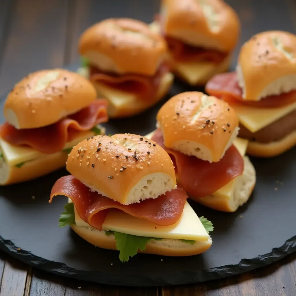 a photo of montaditos, small open-faced sandwiches with jamón and manchego, arranged on a slate board.