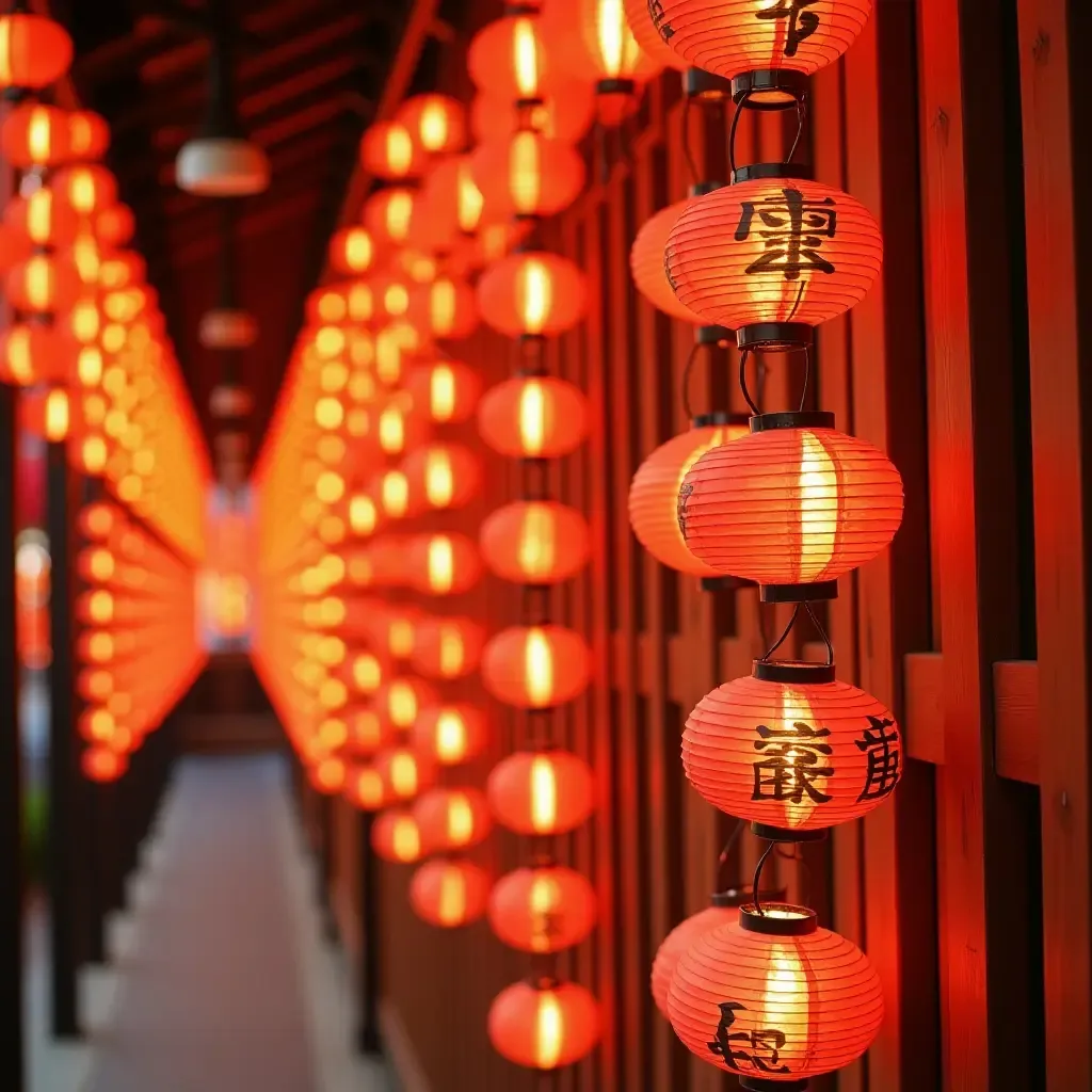 a photo of a wall adorned with colorful paper lanterns