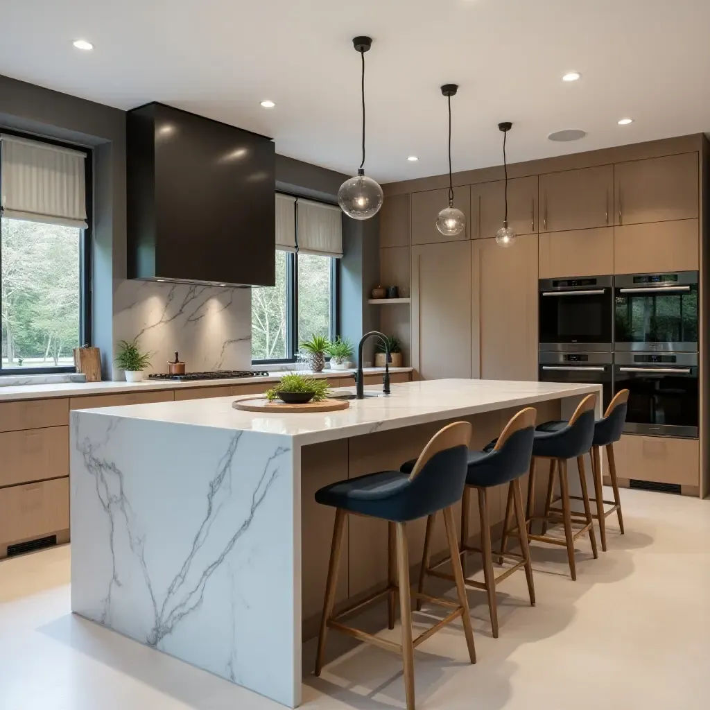 a photo of a sleek kitchen island with a waterfall countertop and stylish bar seating