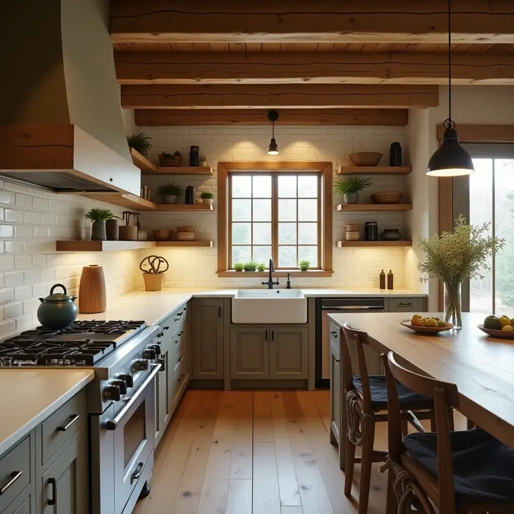 a photo of a kitchen with wooden beams and rustic decor