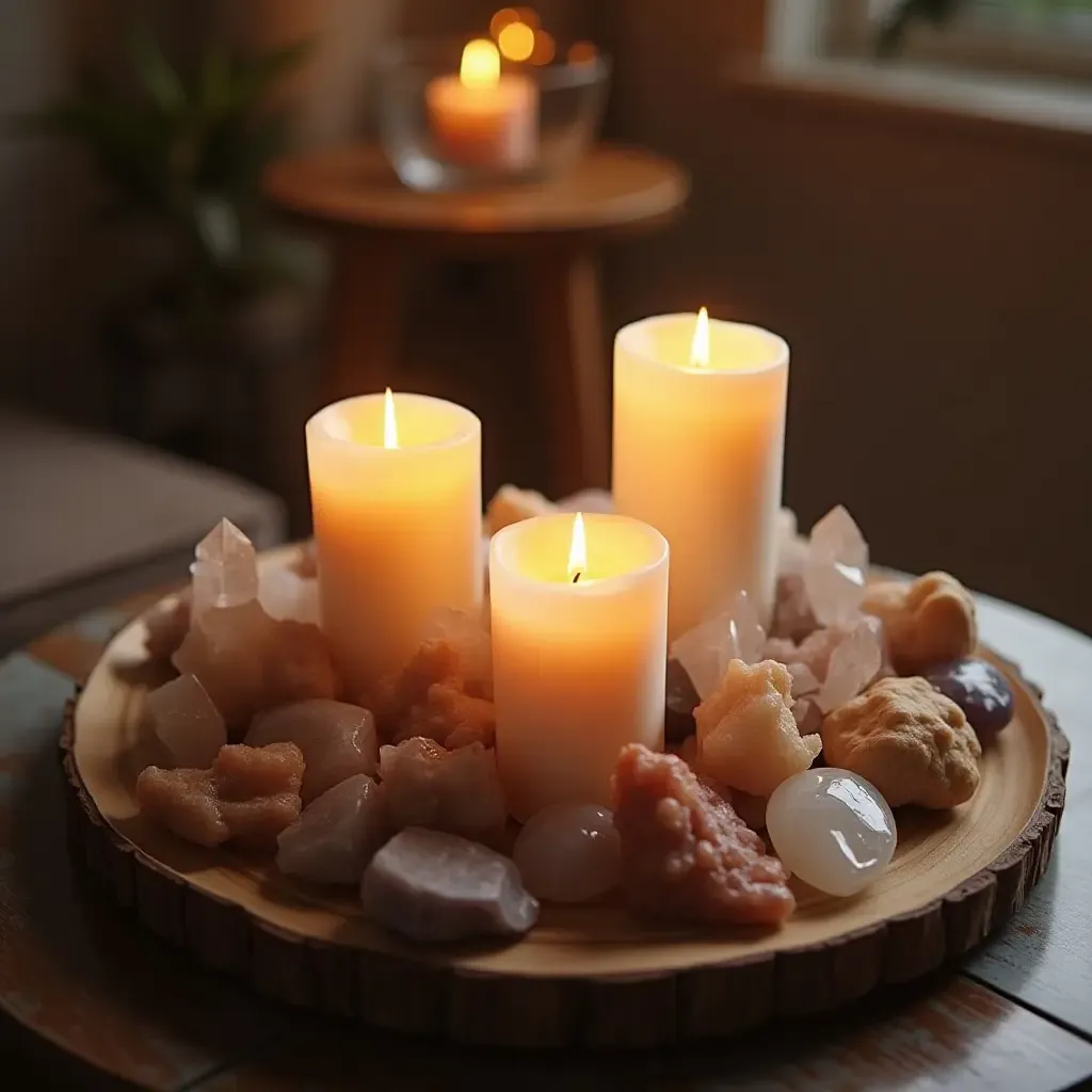 a photo of a bohemian coffee table decorated with candles and crystals