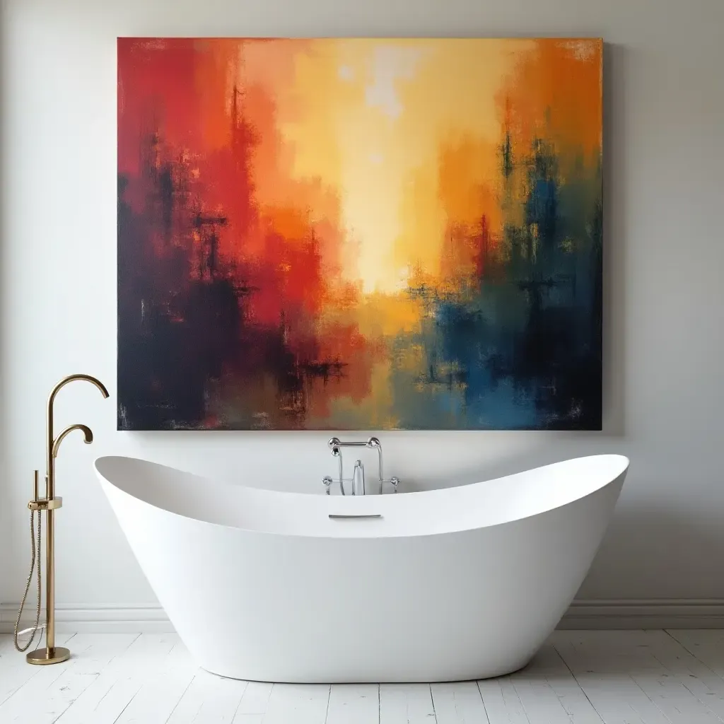 a photo of a large, colorful abstract canvas above a bathtub