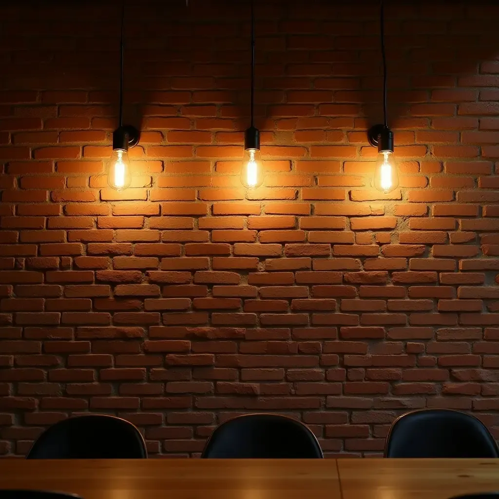 a photo of exposed brick walls with vintage lighting fixtures