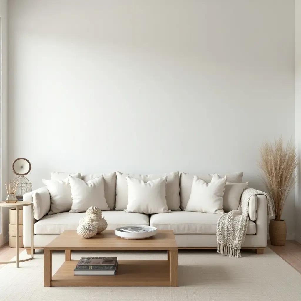 a photo of a living room with a wooden coffee table and seashell decor