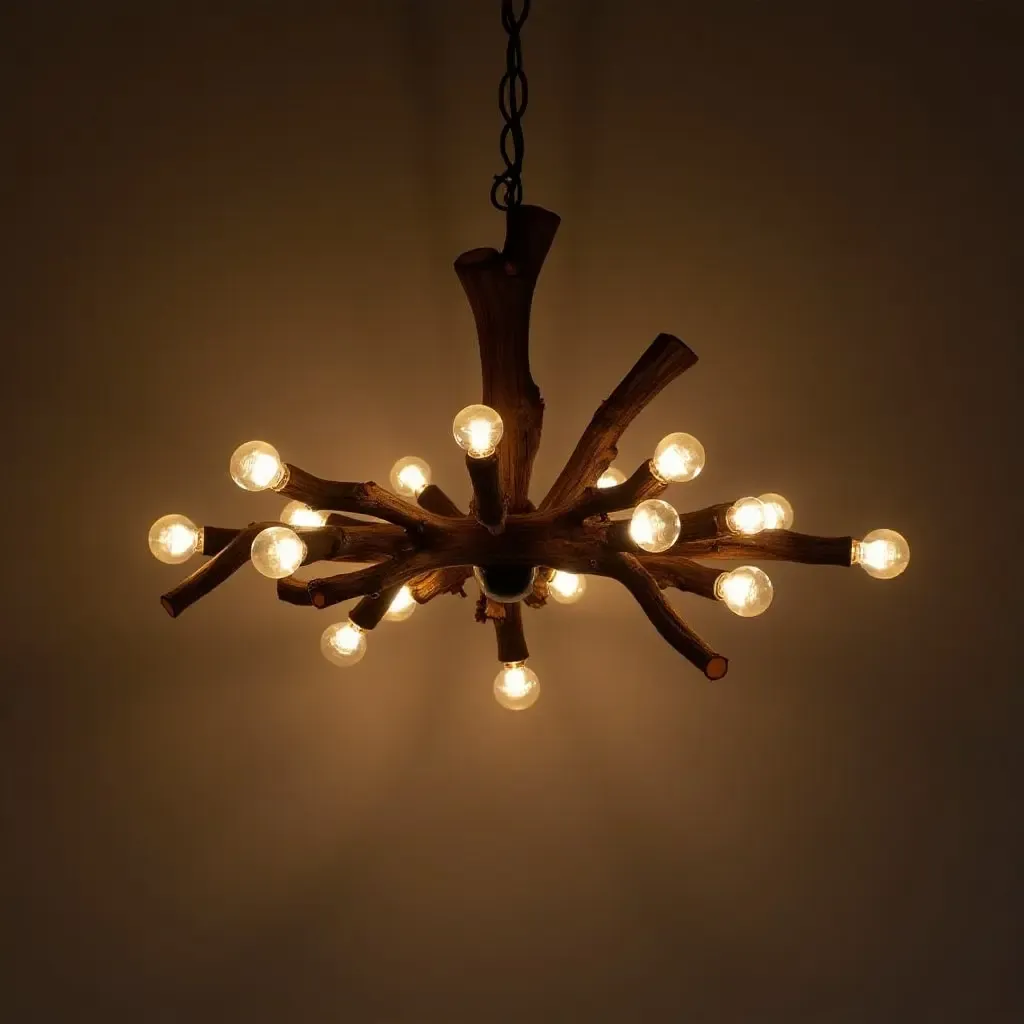 a photo of a rustic chandelier made from branches and warm light bulbs