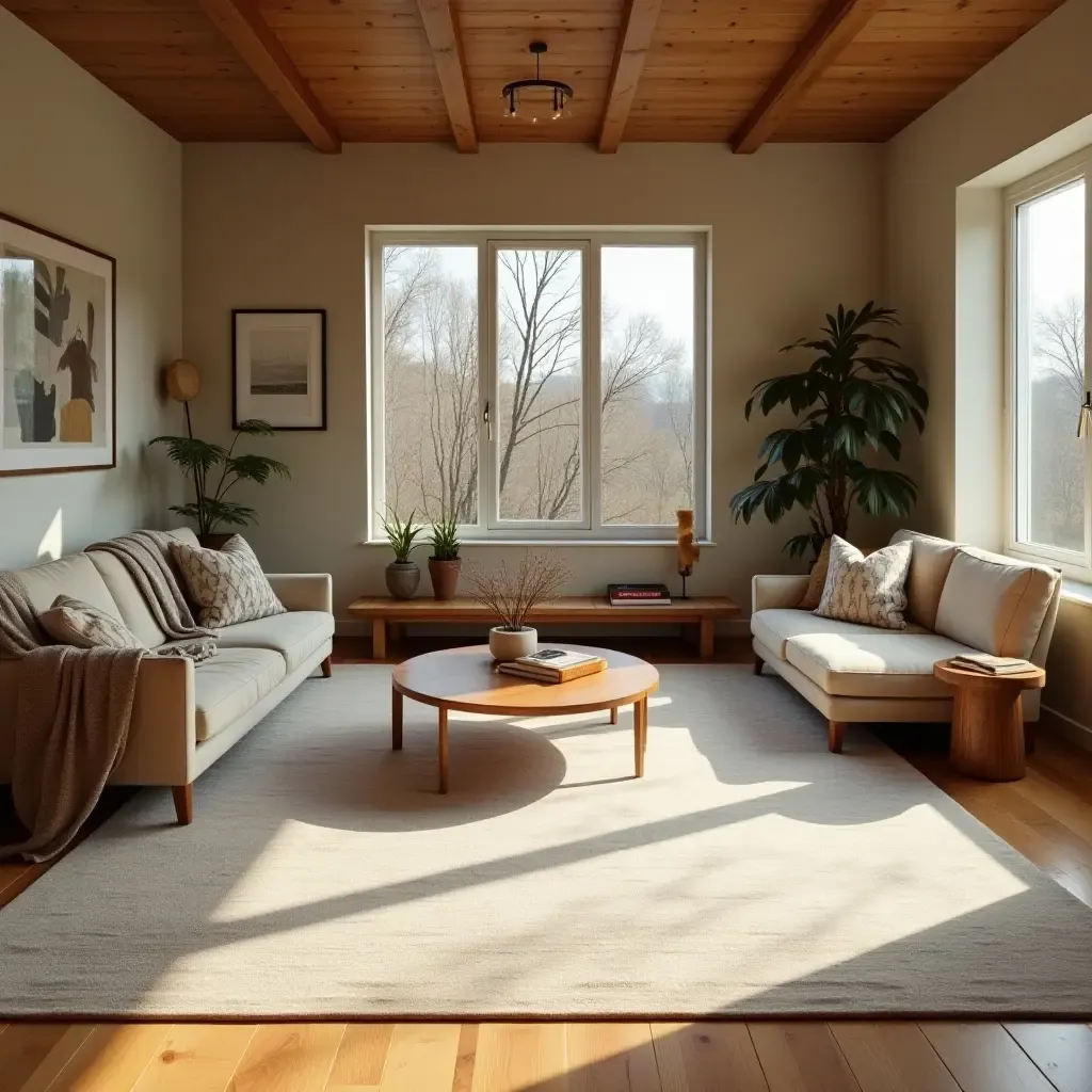 a photo of a warm living room with wooden flooring and a large area rug