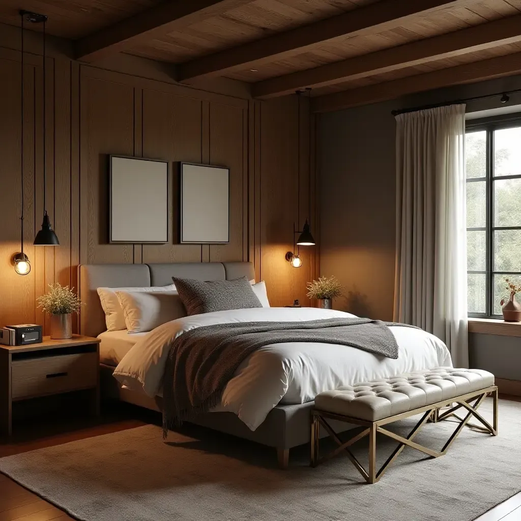 a photo of a rustic bedroom enhanced by metallic accents