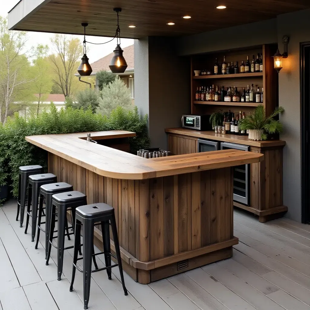 a photo of a balcony with a rustic wooden bar and industrial stools