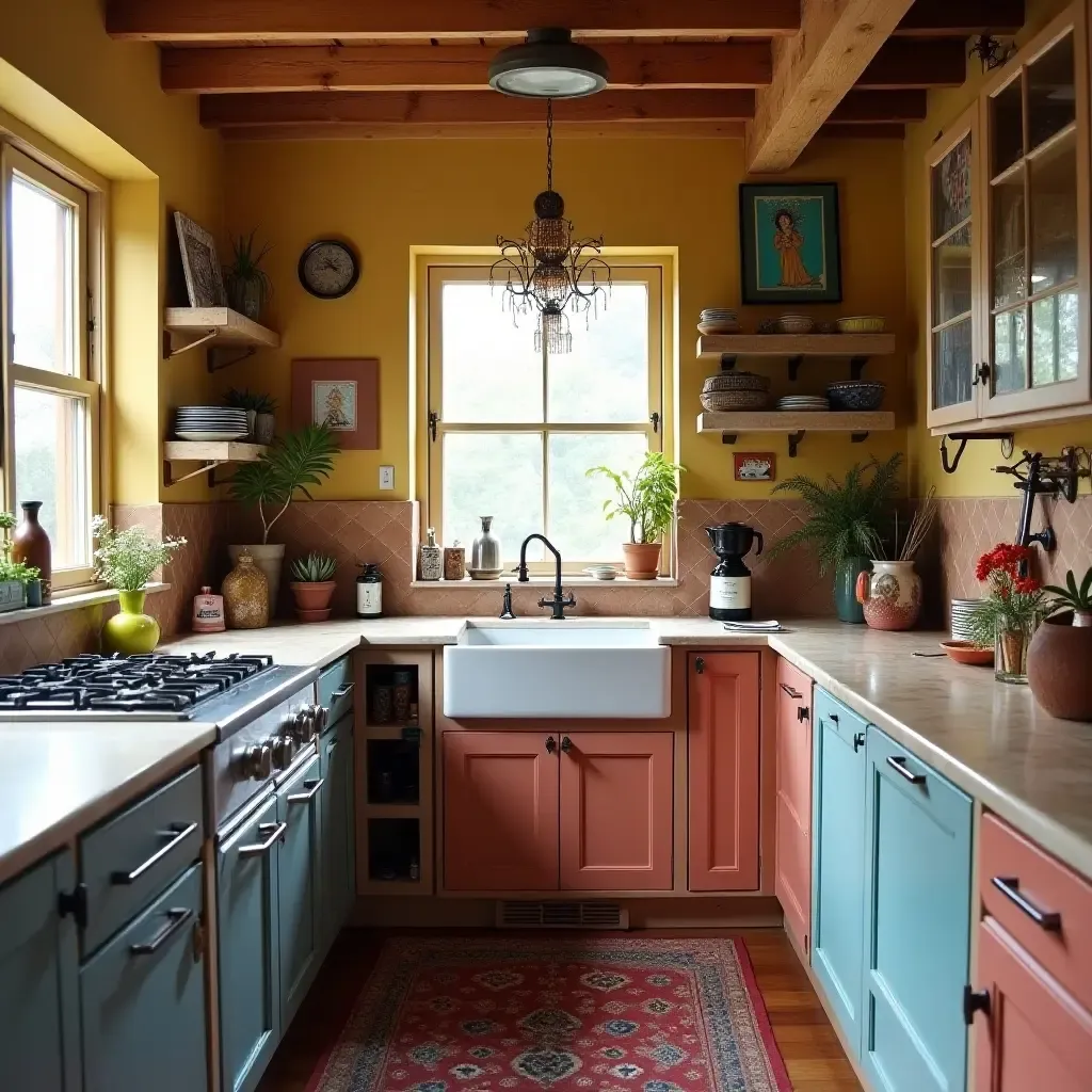 a photo of a colorful bohemian kitchen filled with eclectic decor and textures