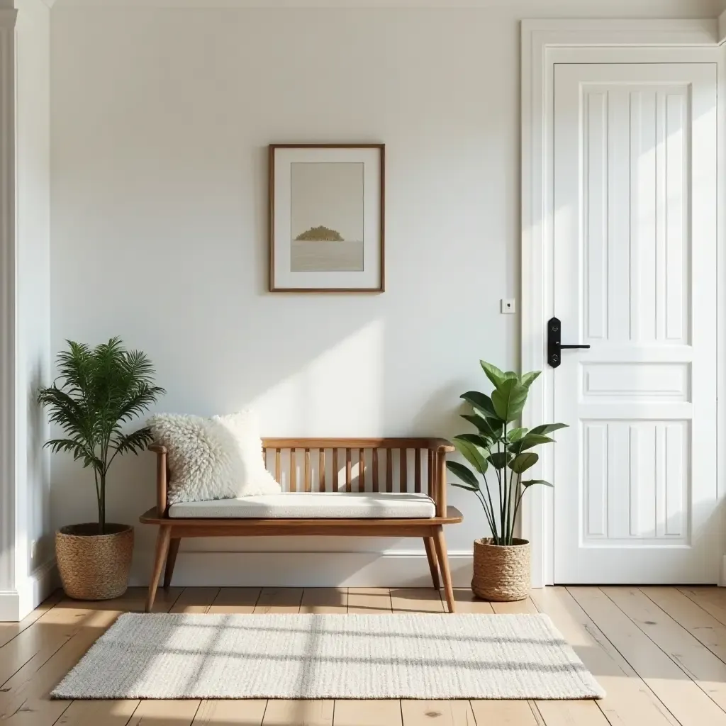 a photo of a charming entryway with a vintage Scandinavian bench and plants