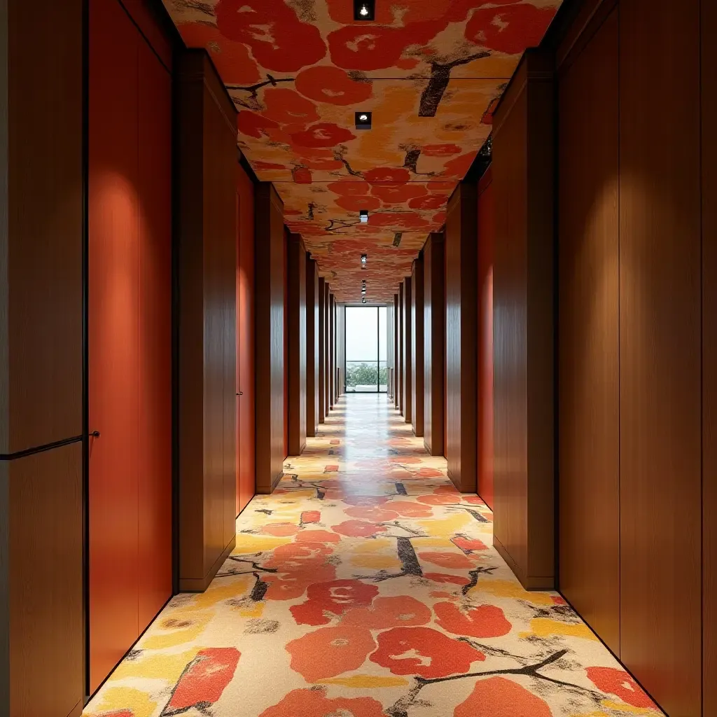 a photo of a dynamic corridor featuring bold fabric patterns, textured wood, and sleek metal